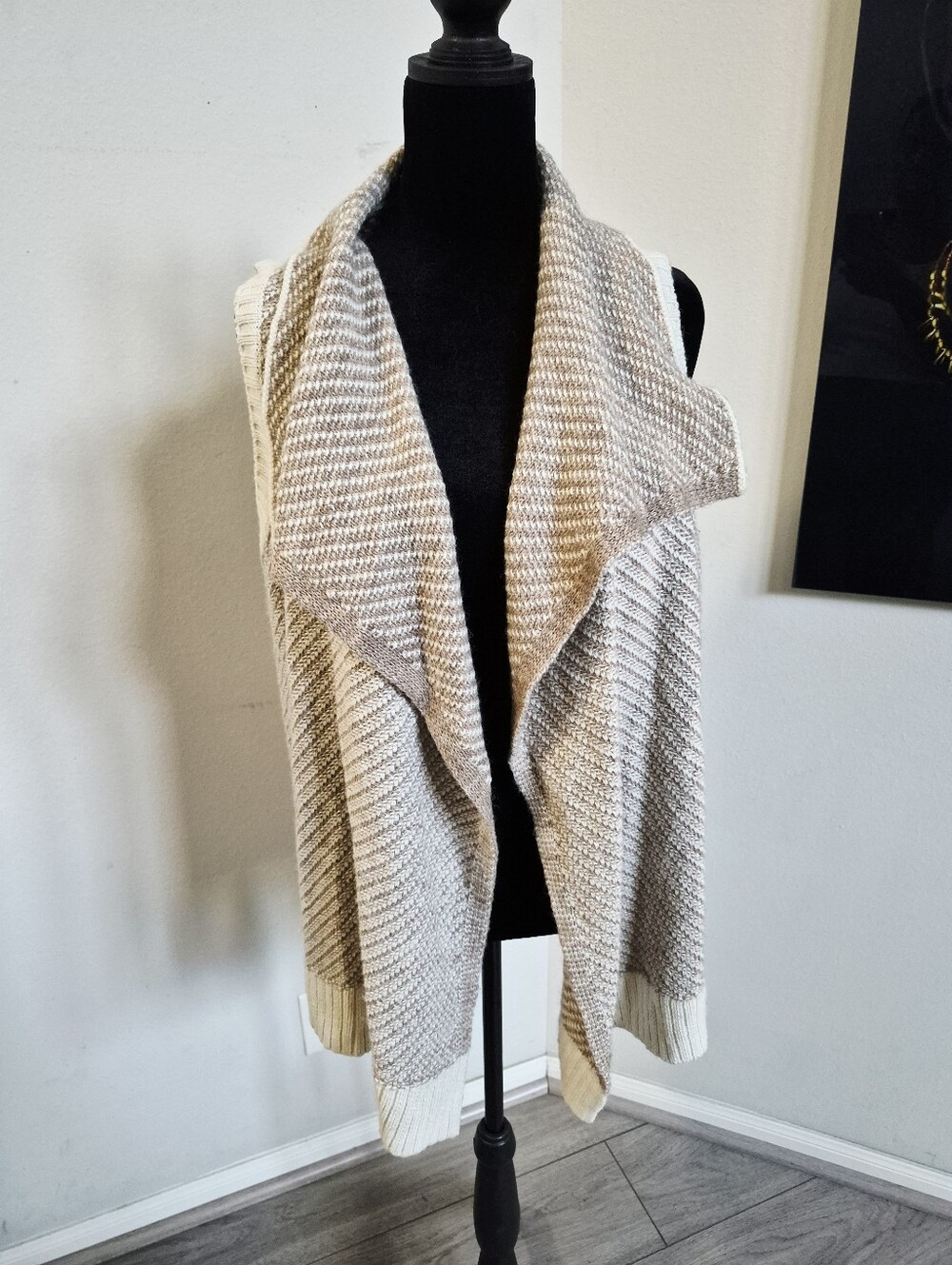 GAP Women's Cream and Brown Open Shawl Wool Blend Open Cardigan Size Large.